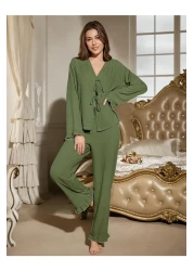 BELLA NOTTE طقم بيجامة طويلة بربطة أمامية باللون الأخضر