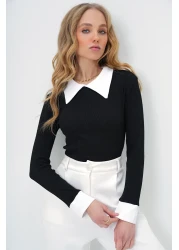 Trend Alaçatı Stili Black Shirt Collar Block Color Camisole Women's Blouse - Alc-X13511