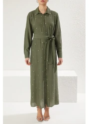  Modest فستان قميص منسوج سادة بتفاصيل حجرية كاكي - حجاب مجعد TCTSS25EB00049