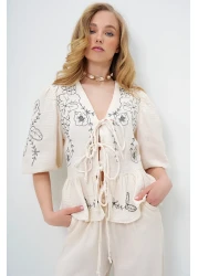 Trend Alaçatı Stili Women's Ecru V-Neck Skirt with Lacing and Embroidery Detail Flounced Muslin Linen Blouse Alc-X13993