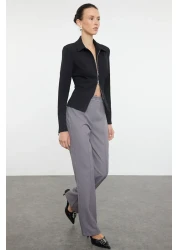  Collection Gray Straight Cut High Waist Ribbed Stitched Woven Trousers TWOSS21PL0093