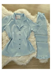 Pijamacs Baby Blue Cotton Sleeve and Leg Ruffle Detailed Short Sleeve Front Buttoned Pajama Set
