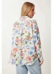 Happiness İstanbul قميص فيسكوز بسطح ساتان منقوش باللون الأزرق للنساء CR00504