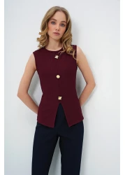 Trend Alaçatı Stili Women's Burgundy Crew Neck Gold Buttoned Ottoban Blouse Alc-X13729