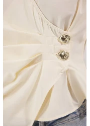  Collection بلوزة منسوجة مخططة مزدوجة الصدر باللون البيج الفاتح TWOSS25BZ00170