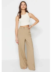  Collection بنطال منسوج بأرجل واسعة بلون كاكي - أثر حديدي، TWOSS23PL00326