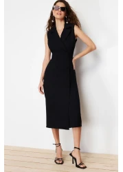  Collection Double Breasted Collar Black Midi Dress with Pencil Skirt - Button Detail, Sleeveless - TWOSS24EL00616