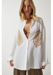 Happiness İstanbul قميص نسائي من القطن الكتاني المطرز باللون الأبيض DM00134