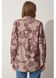 Happiness İstanbul قميص بوبلين كبير الحجم منقوش باللون البيج البرقوق للنساء DD01227