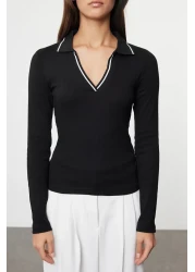  Collection Stretchy Corded Black Knitted Blouse - Knitwear Collar Detail, Fitted TWOAW25BZ00121