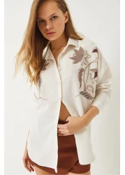 Bianco Lucci Women's Bead Stone Embroidery Embroidered Linen Aerobin Oversize Shirt 60283026