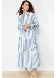  Modest فستان قميص أزرق مخطط متدرج وحزام - TCTSS24EB00150