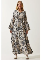 Happiness İstanbul Women's Beige Patterned Summer Viscose Dress DD01303