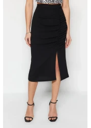  Collection Black High Waist Drape and Slit Detail Crepe Fabric Midi Knitted Skirt Twoss23Et00316