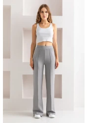 CNRCollection بنطال ضيق مضلع عالي الخصر باللون الرمادي - قماش مودال، بنطال واسع الساق