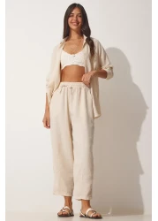 Happiness İstanbul Women's Cream Linen Shirt Shalwar Trousers Set DZ00080