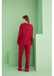 Siyah İnci Shirt Collar Buttoned Long Sleeve Viscose Pajama Suit Payroll 7829