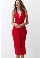  Collection Stylish Red Draped Knitted Evening Dress - Fitting on the Body, TPRSS24EL00161