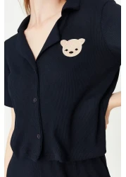  Collection Navy Blue Teddy Bear Ribbed Knitted Pajamas Set Thmss21Pt0168