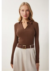 Happiness İstanbul Women's Brown Polo Neck Corded Knitted Blouse GT00111