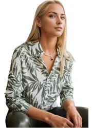 Cassime Women's Green Leaf Patterned Long Sleeve Viscose Shirt S-M-L-Xl-2Xl-3Xl