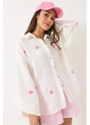 Bianco Lucci Women's Süzene Heart Embroidered Oversize Muslin Shirt 2036 60283052