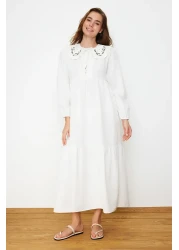 Modest Ecru Embroidery Detail Linen Look Woven Dress Tctss23Eb00257