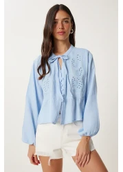 Lovelyİstanbul Musseline Blouse with Scalloped Tie Detail Sky Blue Lfh0002