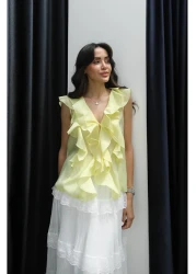 Havoş Yellow Zero Sleeve Ruffle Blouse