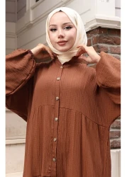 sefamerve Half Button Sleeve Elastic Dress 2074-01 Tan