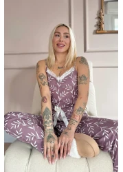 Pijamaevi Purple Olive Branch Lace Rope Strap Knitted Women's Pajama Set