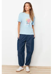  Collection Light Blue 100% Cotton Printed Relaxed/Wide Relaxed Cut Crew Neck Knitted T-Shirt TWOSS22TS1145