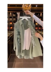 CLASSY.MODA طقم ثلاثي - قميص وبنطلون وبنطلون رياضي مطرز