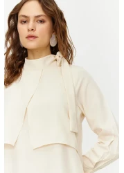  Modest فستان منسوج بياقة حجرية وربطة عنق TCTSS23EB00283