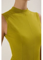  Collection Oil Green Stand Collar a Line/Bell Cut Cotton Maxi Knitted Dress Twoss25El00462