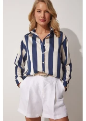Happiness İstanbul Women's Navy Blue Cream Striped Satin Shirt DD01206