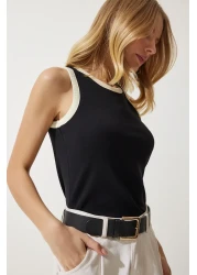 Happiness İstanbul تي شيرت نسائي أسود بدون أكمام بألوان متباينة NJ00145