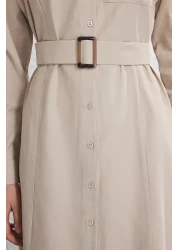  Modest Beige Belt Buckle Detailed Woven Terrycotton Dress Tctss25Eb00134