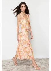  Collection V-Neck Tulle Flexible Knitted Dress - Multicolored Floral Printed TWOSS24EL00384