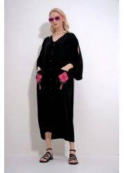 Trend Alaçatı Stili Women's Black V-Neck Back and Pockets Embroidered Buttoned Front Woven Viscose Dress ALC-X12009
