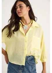 Bianco Lucci Women's Self Striped Half Sleeve Single Pocket Detailed Shirt 2108 60283328