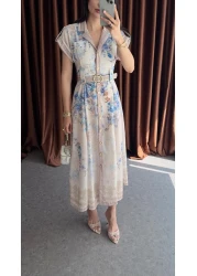 HAZELANNA Linen Textured Digital Printed Blue Floral Dress