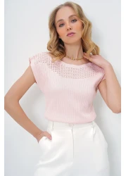 Trend Alaçatı Stili Women's Candy Pink Boat Neck Shoulders Hole Openwork Sleeveless Knitwear Blouse Alc-X13436