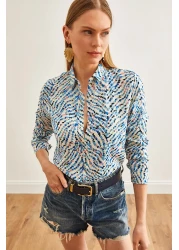 Olalook Women's Little Heart Blue Patterned Woven Viscose Shirt GML-19001204