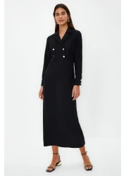  Modest Black Double Breasted Collar Button Detailed Woven Dress TCTSS24EB00020