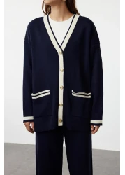  Modest Navy Blue Knitwear Cardigan and Trousers Set with Gold Buttons and Pockets - TCTAW24US00107