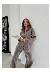 Ekim Store New Season Satin Leopard Shirt Trousers Double Set