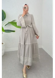 Salih Çelebi Spanish Sleeve Belted Dress 2035 - Dark Stone