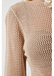 Happiness İstanbul Women's Dark Beige Scrolled See-through Long Knitwear Dress PF00064