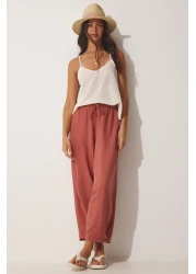 Happiness İstanbul Women's Dusty Rose Pocket Linen Viscose Shalwar Trousers CV00001